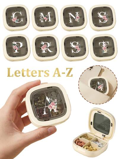 方形四格药盒 - 花卉印花字母 A-Z 每日药丸维生素胶囊收纳盒，也可收纳精致小饰品和旅行用品，便携式药盒，药品包装收纳盒，便携式迷你隔间，一日三餐，密封药丸包装，适合赠送给老人、病人、医护人员
