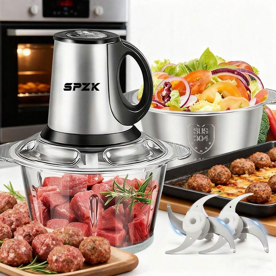 SPZTJK Máy Xay Thịt Chạy Điện, Máy Xay Tỏi Điện Mini, Có Bát Inox 3L, Lưỡi Dao Bằng Thép Không Gỉ Dùng Cho Thịt, Rau Củ, Hành Và Tỏi - Bạc - Xem 1