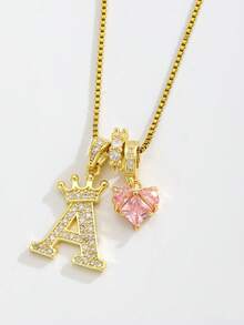 1件简约奢华立方氧化锆粉色心形宝石皇冠字母吊坠项链，不锈钢材质，日常佩戴，情人节/生日礼物（女士款） - 金黃色 - 查看 4