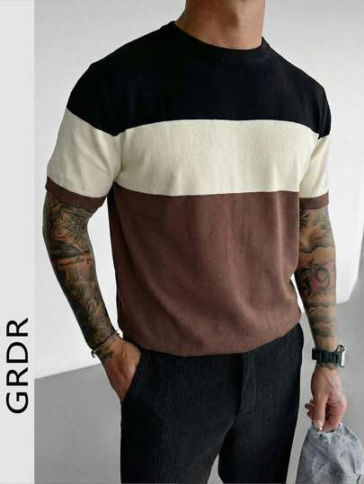GRDR Camiseta de punto de estilo casual y versátil para uso diario de hombre, de corte slim, con cuello redondo, manga corta y diseño de bloques de color negro, crema y café
