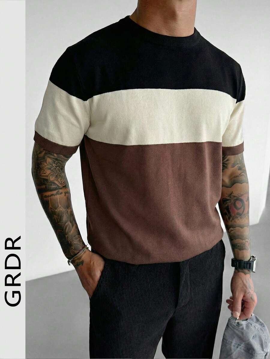 Áo len nam tay ngắn cổ tròn mùa xuân/hè, phối màu đen, kem, cà phê, dáng ôm, đa năng, thích hợp mặc hàng ngày. - màu đen - Xem 1