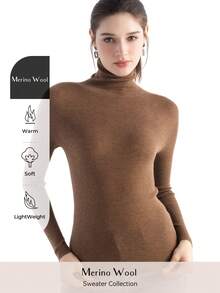 2026春夏女式美利奴羊毛混纺针织T恤，休闲百搭，高领柔软长袖套头衫 - 棕色 - 查看 1