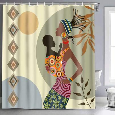 1pc Retro Figure Shower Curtain, Geometric Figure Printed Shower Curtain, Suitable For Various Room Decorations, Bathroom Partition Shower Curtain, Bathtub Curtain
