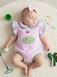 Newborn Baby Boy Golf Clothes Embroidery Sleeveless Bubble Romper Stripe Bodysuit Cute Infant One Piece Summer Outfit - Hồng - Xem 2