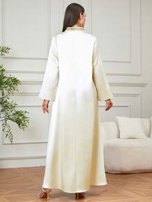 Elegant Women's Ramadan V-Neck Gold Beaded Embroidered Maxi Kaftan Dress, Suitable For Eid Celebration, Home & Daily Wear - Apricot - View 2