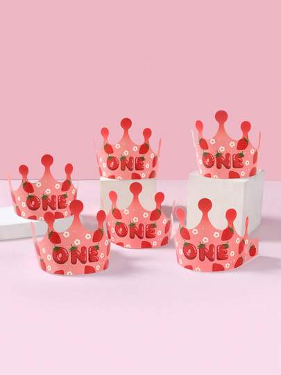 6顶草莓主题生日纸帽，生日装饰帽，DIY生日帽，装扮头饰，女孩一周岁生日派对配饰，婴儿派对装饰，草莓主题生日派对装饰，派对小礼物，拍照道具装饰