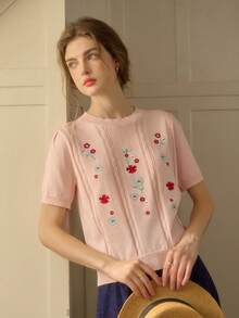 Simple Retro Women's Spring And Summer Embroidery Collision Round Neck Pink Elegant Retro Temperament Casual Short Sleeve Pullover Sweater Top - Pink - View 4