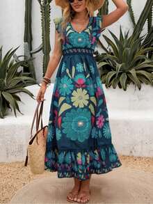 New Autumn Lightweight V-Neck All-Over Cute Leaf & Floral Print Bohemian Casual Pleated Ruffle Hem Waist Splice Maxi Dress, Suitable For Music Festivals, Women's Holidays, Country Music Concerts, Graduation, Parties, Back To School, Teacher's Day, Halloween, Christmas - 藏蓝色 - 查看 7