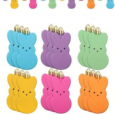 6个复活节彩色兔子装饰品，哑光喷漆塑料兔子吊坠，适合复活节树装饰、寻蛋游戏和春季派对装饰