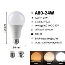 Bombilla LED inteligente con atenuación de memoria de 3 cintas 3000K/4000K/6000K AC110V 220V E27 B22 8W-24W alta eficiencia luminosa 100LM/sin parpadeo PX5H - A80 24W - Ver 13