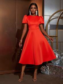 Faeriesty 优雅圆领中长款泡泡袖连衣裙，A字裙摆，收腰设计，适合婚礼宾客、浪漫写真、周年庆典、花园派对和正式新娘写真等场合。 - 橘色 - 查看 1