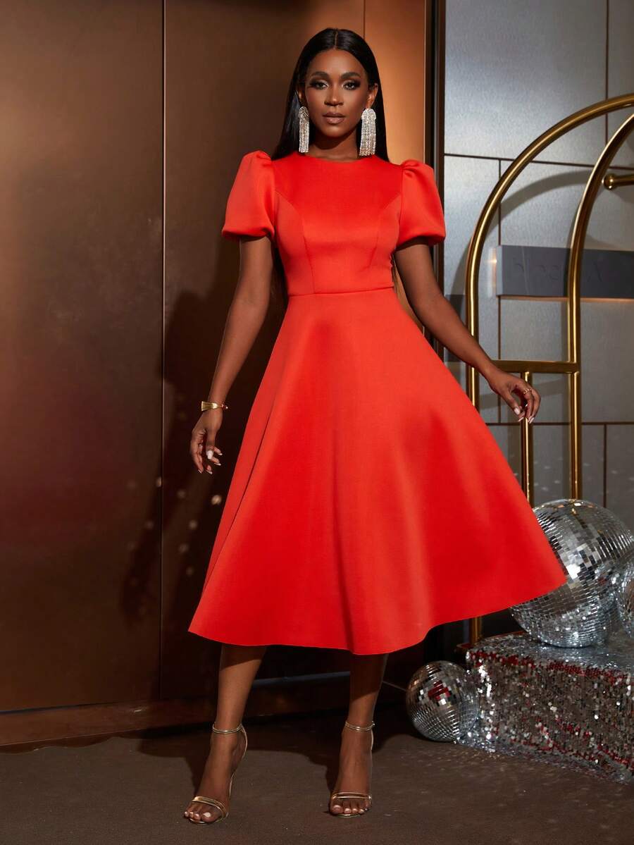 Faeriesty 优雅圆领中长款泡泡袖连衣裙，A字裙摆，收腰设计，适合婚礼宾客、浪漫写真、周年庆典、花园派对和正式新娘写真等场合。 - 橘色 - 查看 1