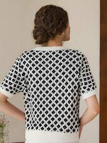 Knit Mix 优雅女士针织上衣，别致法式风格，通勤通勤针织衫，花卉图案，撞色短袖上衣，适合春夏穿着，简约复古返校季、圣诞节、感恩节和新年休闲假日装扮。 - 白色 - 查看 3