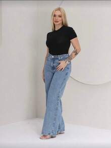Calça Jeans Wide Leg Feminina Marmorizada Pantalona Oversized 100% Jeans - Lavagem Média - Visão 7