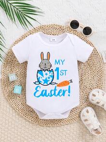 "My First Easter" White Baby Bodysuit Decorated With Cute Bunny And Easter Egg Patterns - White - View 2