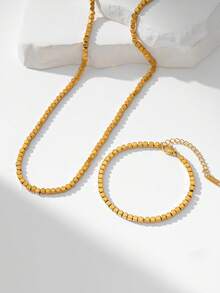 1 Set Stainless Steel Fashionable Versatile Cube Beaded Necklace + Bracelet Jewelry Set, Suitable For Daily Wear And Gift - Yellow Gold - View 7