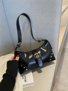 1pc Retro Maillard Distressed Leather Motorcycle Bag With Studs And Buckles, Soft Touch, Folded Detail, Cloud Shape, Shoulder & Crossbody Bag, Suitable For Work, Commute, Date And Party, Retro Inspired Vintage Bag For Women, Halloween Purse Perfect For Fancy Party Halloween Fashion & Gothic Fashion , Vintage Bag - màu đen - Xem 10
