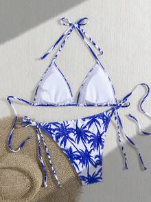 wohenmeili Fashionable Bohemian Style Bandeau Bikini Set, Palm Tree Print, Tie-Up Bottom, High Stretch Fabric With Coconut Tree & Palm Leaf Print, Women's Summer Beach Swimwear, Ideal For Casual Vacation - White Background With Royal Blue - View 6