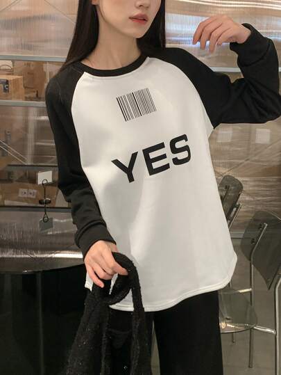 Contrast Color Letter Inlaid Contrast Trim Loose Splice Printed Thin Fleece Warm Long Sleeve T-Shirt For Women