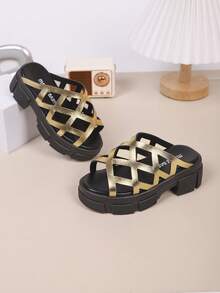 Kids Fashion Slippers, New Summer Thick Sole Mesh Hollow Design Fashionable & Breathable Children Slides - Gold - View 1