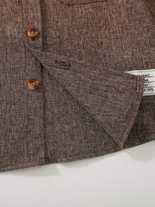 Young Boy Solid Color Stand Collar Long Sleeve Single-Breasted Casual Shirt, Autumn/Spring - Brown - View 6
