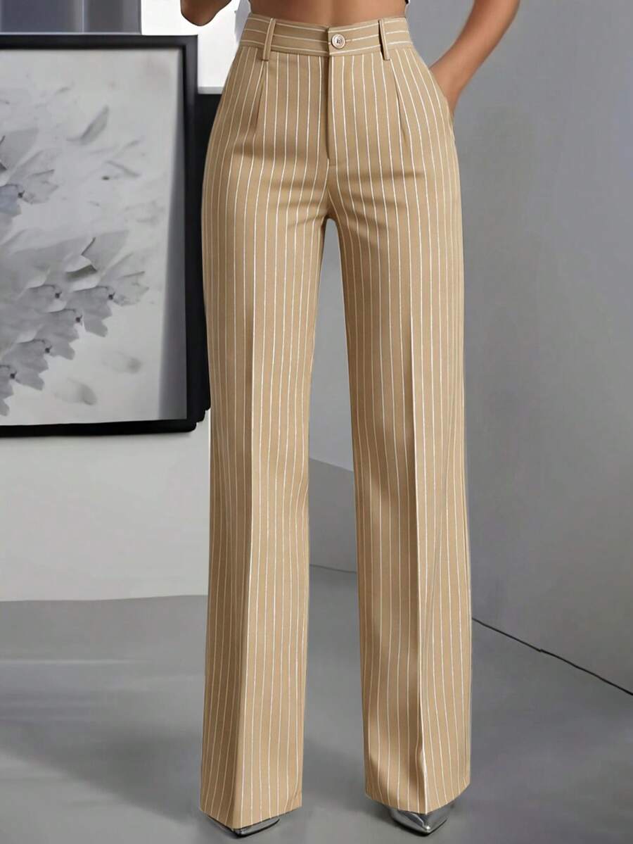 ANCHOSE Pantaloni casual da donna in vita elastica a righe, color cachi e bianco, per primavera/estate - Cachi - Visualizzare 1