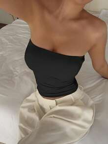 Áo camisole cơ bản không dây gợi cảm dành cho nữ cỡ lớn Vaiaye, màu trơn thời trang, co giãn, ôm sát, phù hợp cho mọi mùa, lý tưởng cho ngày Valentine, màu đen mùa hè. - màu đen - Xem 7