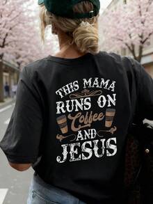 Neue Sommer Frauen einfaches, buntes Buchstaben Kaffee Getränk Grafik-Muster Rundhals Schwarz Kurzarm T-Shirt, modisch und vielseitig, geeignet für Damen Alltagstops, Urlaubs-Lässig und Frühjahrs-Outfits. - Schwarz - Übersicht 1