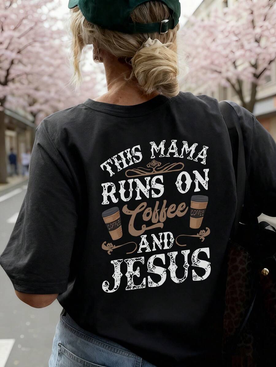 Neue Sommer Frauen einfaches, buntes Buchstaben Kaffee Getränk Grafik-Muster Rundhals Schwarz Kurzarm T-Shirt, modisch und vielseitig, geeignet für Damen Alltagstops, Urlaubs-Lässig und Frühjahrs-Outfits. - Schwarz - Übersicht 1