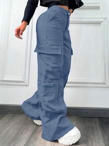 Pantalones largos prácticos, de múltiples bolsillos, con botones y cremallera, elegantes y sencillos, de estilo casual para uso diario, trabajo, conciertos, bailes de graduación, deportes, fiestas, regreso a clases, oficina, vacaciones en la playa, aeropuerto, Año Nuevo, Día del Maestro, primavera, verano, otoño e invierno - Azul - Ver 2