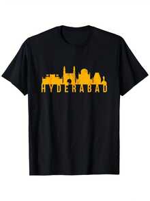 Camiseta gráfica de Hyderabad para hombre, negra, con texto y lugares emblemáticos de Hyderabad en negrita. Camiseta de algodón de 180 g de alto gramaje para uso diario informal y formal. Tejido suave y transpirable, lavable a máquina. - Negro 1 - Ver 1