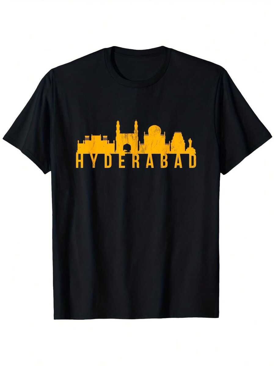 Camiseta gráfica de Hyderabad para hombre, negra, con texto y lugares emblemáticos de Hyderabad en negrita. Camiseta de algodón de 180 g de alto gramaje para uso diario informal y formal. Tejido suave y transpirable, lavable a máquina. - Negro 1 - Ver 1