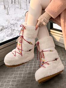 Faux Fur Boots For Women Winter Snow Boots Platform Lace Up Round Toe Boots Warm Snow Shoes Fluffy Winter Boots - 米色 - 查看 2