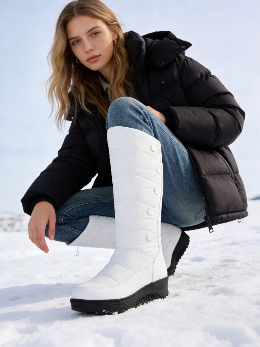 Women's Fuzzy Faux Fur Winter Snow Boots Fashion Platform Wedges Heel Pull On Waterproof Casual Comfy Knee High Boots Woman - Trắng C - Xem 1