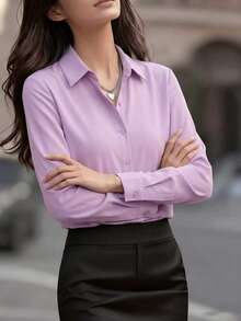 Purple Long Sleeve Button-Up Shirt, Suitable For Daily Office Wear, Spring/Autumn And Various Festivals - Mauve Purple - View 4