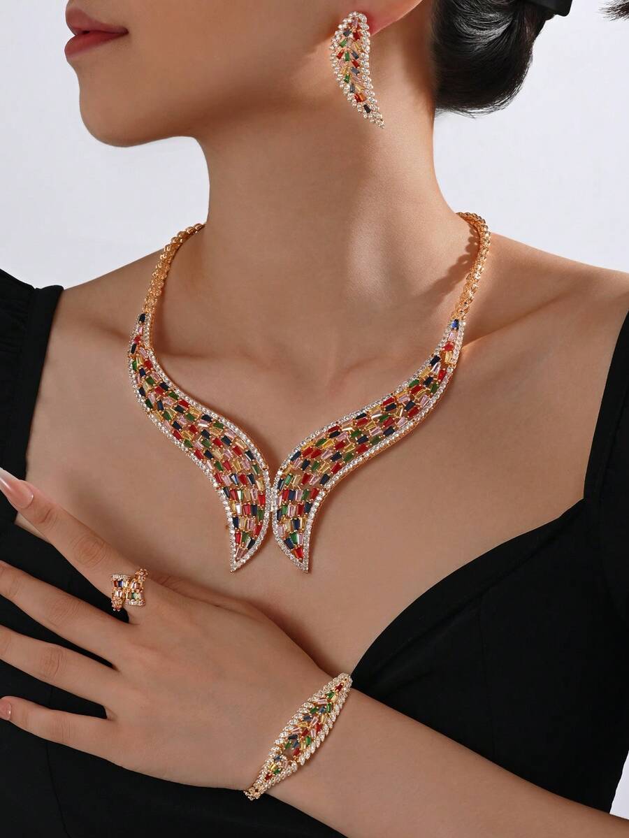 Bộ trang sức cưới 4 món đính đá Zirconia nhiều màu sắc dành cho nữ, gồm vòng cổ, bông tai, nhẫn và vòng tay, phụ kiện cưới, phong cách Trung Đông, Ả Rập Xê Út và Dubai. - Đầy màu sắc - Xem 1