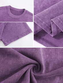 Local Shipping, Plus Size ,230g Retro Washed 100% Pure Cotton T-Shirt - One-Piece Basic, Women's Casual Round-Neck Summer Top, Loose Fit, Soft Texture, Breathable Fabric - Violet Purple - View 4