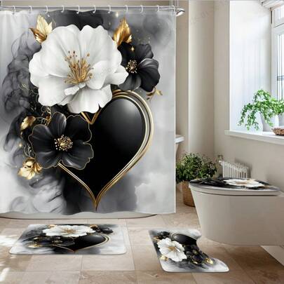 1件/4件套 - 心形花卉图案浴帘套装，复古黑色心形金色镶边烟熏现代风格71英寸浴帘，含12个挂钩，防滑浴垫，U型马桶垫，毯子，家居装饰