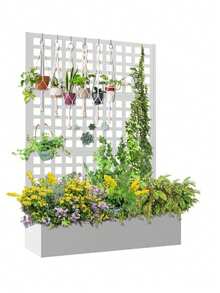 Jardinera con protección visual, 120 x 40 x 180 cm, jardinera con enrejado, agujeros de drenaje y ruedas bloqueables, ayuda para enredaderas de metal para interior y exterior, jardín, terraza - 5 piezas blancas - Ver 1
