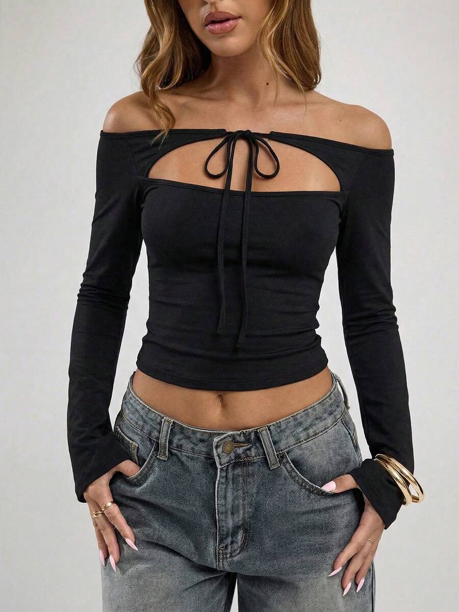 Sexy Fashion Lace-Up Hollow Out Off-Shoulder Flared Long Sleeve T-Shirt Top, Spring/Summer New Arrival - Black - View 1