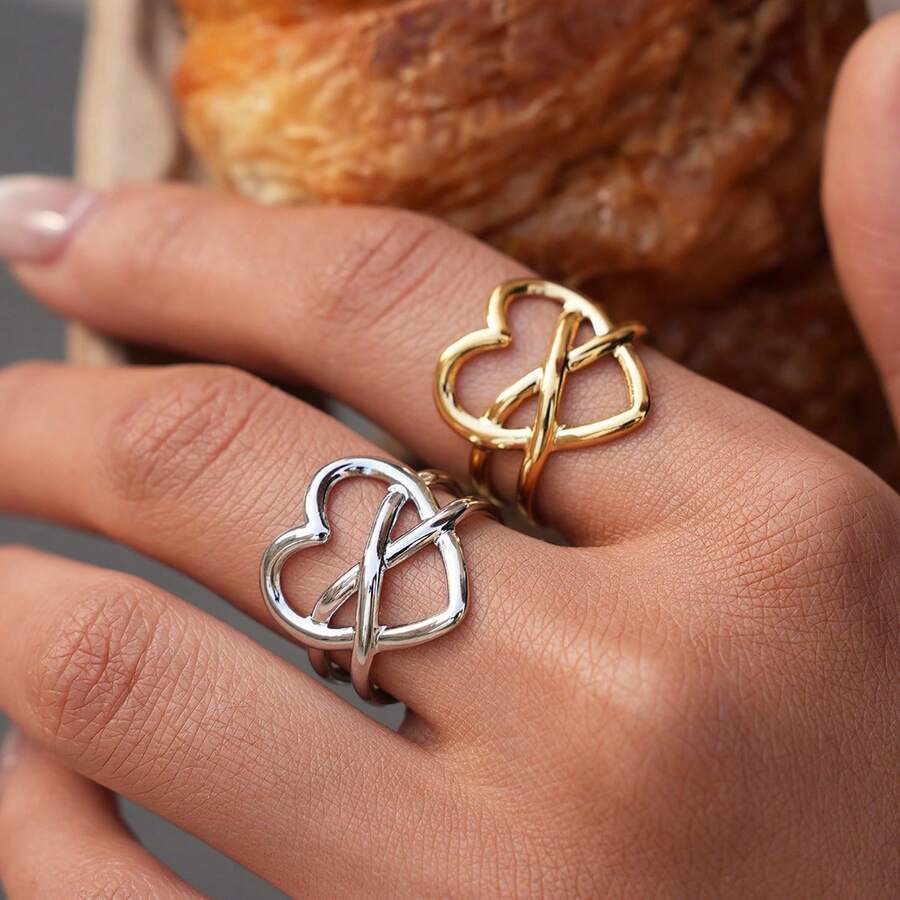 2pcs/1pc Heart Line Wrapped Irregular Ring, 18k Gold-Plated Stainless Steel Ring, Women's High-End Fashion Temperament Ring, 304 Stainless Steel Ring, Simple And High-End Style Personalized Jewelry, Holiday Gift/Daily Matching Versatile Design, Suitable For Girlfriends And Wives, Suitable For Daily Gatherings And Parties - Multicolor - View 1