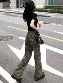 女士高腰直筒迷彩牛仔裤，时尚街头休闲春季款 - 棕色迷彩 - 查看 2