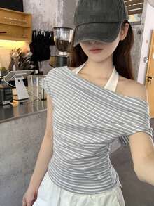 撞色条纹露肩褶皱二合一设计优雅短袖上衣 - 藍色條紋 - 查看 9