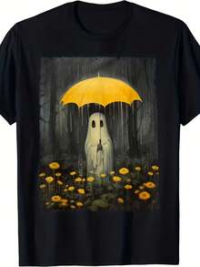 Camiseta de terror gótico para hombre con estampado de bosque de paraguas amarillos, camiseta informal negra de cuello redondo y manga corta, tela suave y transpirable para disfraces de Halloween y ropa informal. - Negro 23 - Ver 1