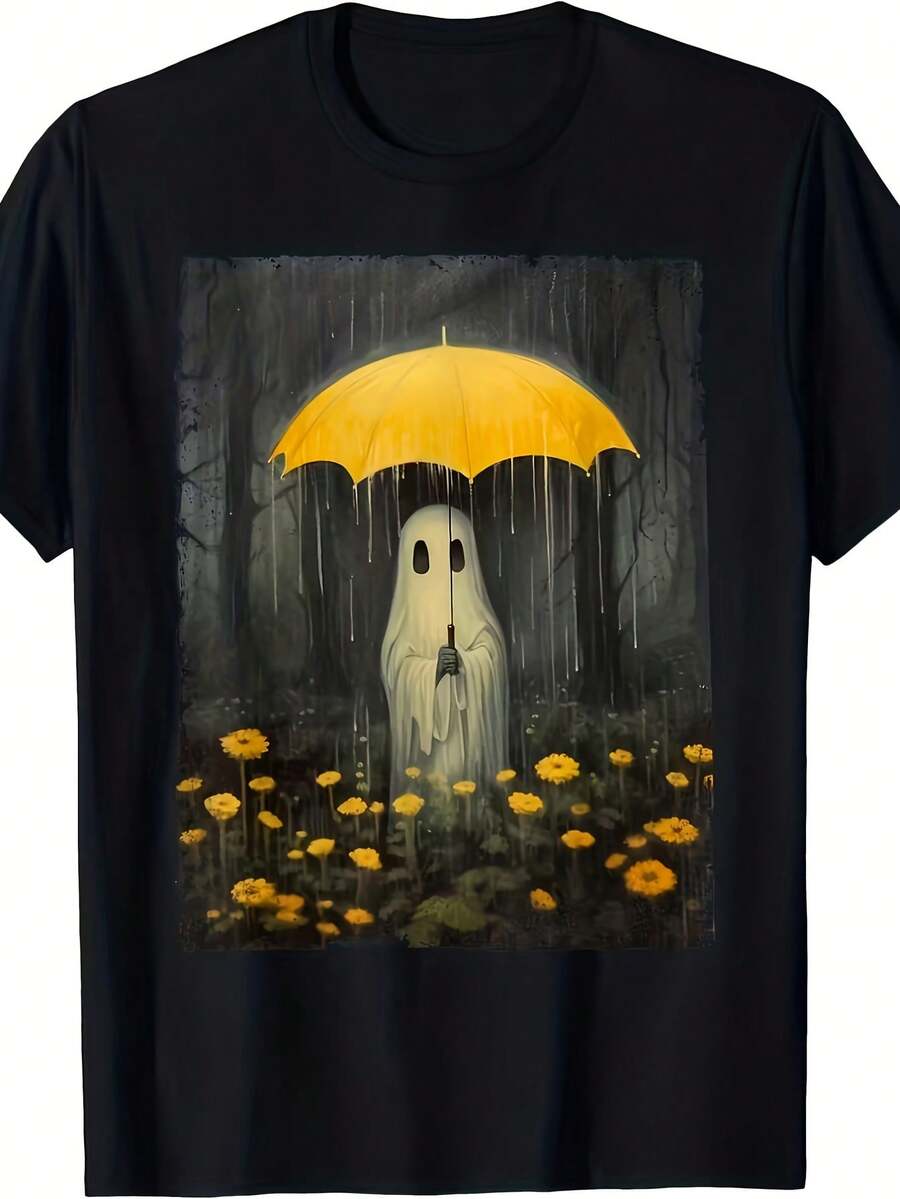 Camiseta de terror gótico para hombre con estampado de bosque de paraguas amarillos, camiseta informal negra de cuello redondo y manga corta, tela suave y transpirable para disfraces de Halloween y ropa informal. - Negro 23 - Ver 1