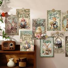 12 piezas Tarjetas postales vintage de Pascua con conejitos y huevos felices, pequeños carteles retro de vacaciones para decoración del hogar y dormitorio, kit de collage de pared de Pascua, tarjetas decorativas de primavera para coleccionar y regalar - Pascua de Resurrección - Ver 4