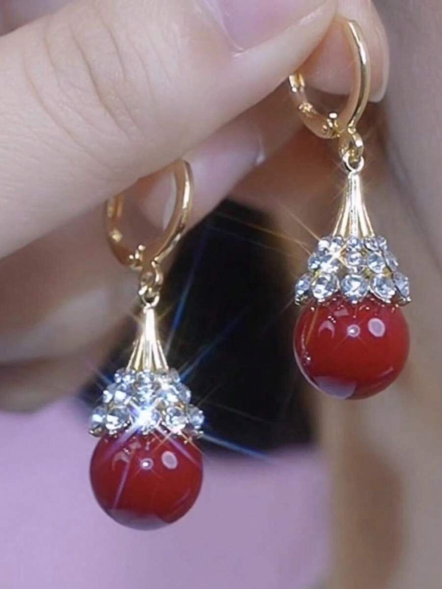 1 Pair Luxury Red Pearl Shiny Earrings, Elegant Lady Style Fashion Earrings For Banquet - Red - View 1