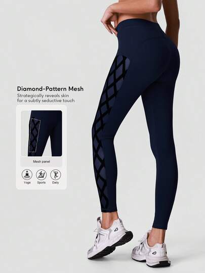 Sodalemon Quần tập thể dục nữ, quần bó sát phối lưới, cạp chun, thích hợp cho yoga, chạy bộ, tập luyện ngoài trời.