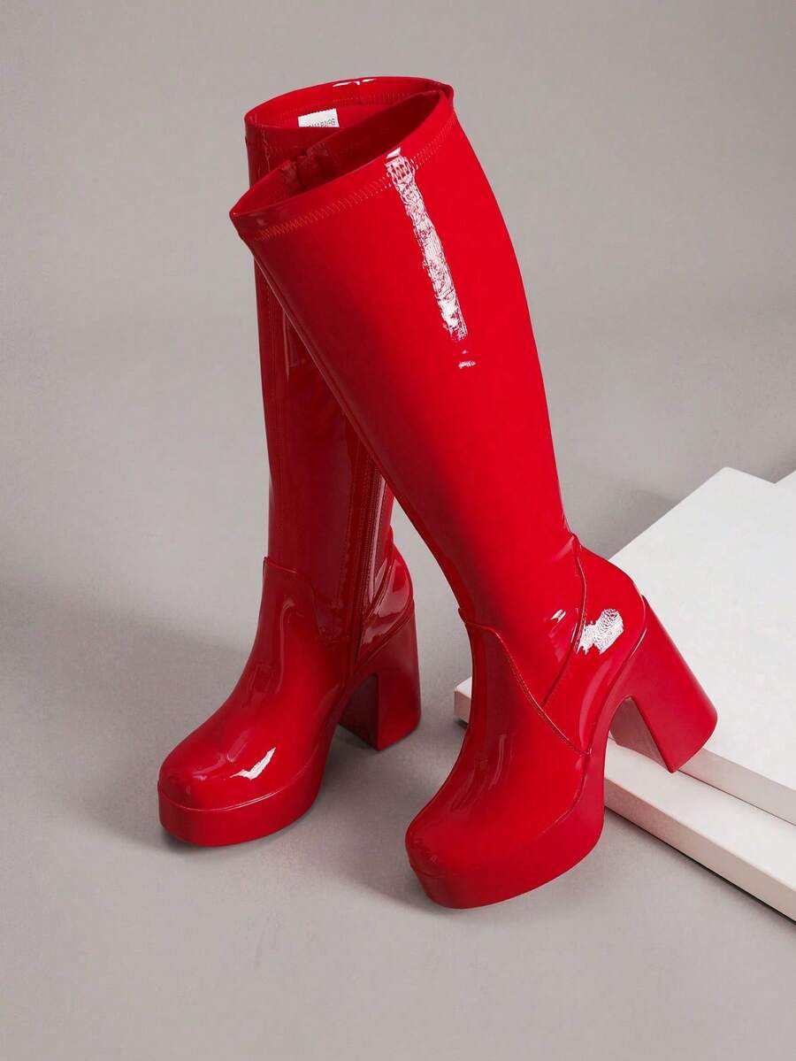 Botas altas hasta la rodilla de mujer con plataforma y tacón ancho, punta cuadrada, de unicolor versátil y de moda - Rojo - Ver 1