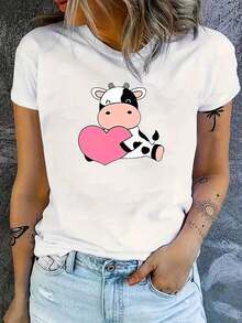 Camiseta Vibrante con Estampado de Vaca de Dibujos Animados - Camiseta Casual de Cuello Redondo de Manga Corta para Mujeres para Primavera y Verano - Camiseta Gráfica Divertida para Damas, Ajuste Relajado, Tela Suave, Transpirable, Absorbe la Humedad, Perfecta para Actividades al Aire Libre - Blanco - Ver 8